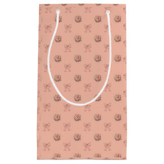 Dusty Peach Vintage Roses Toile Bows Small Gift Bag