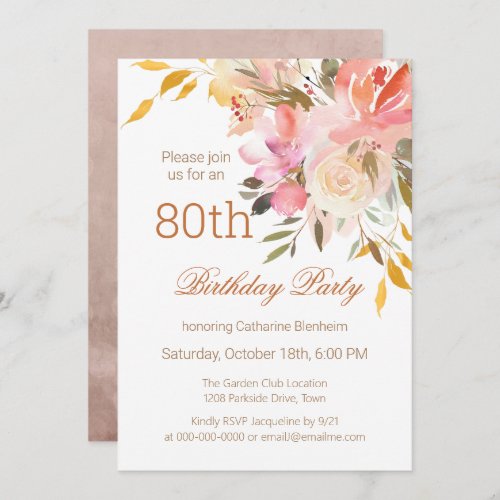 Dusty Peach Watercolor Floral 80th Birthday Party  Invitation