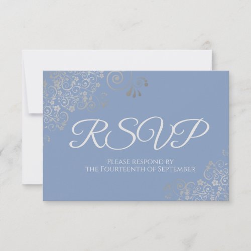 Dusty Periwinkle Blue Elegant Silver Lace Wedding RSVP Card