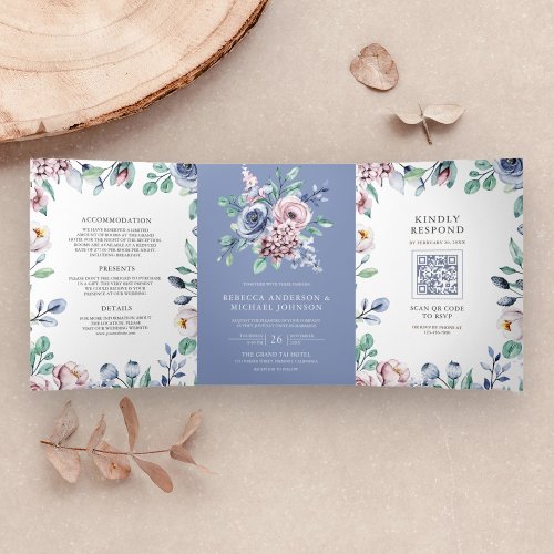Dusty Periwinkle Blue Pink Floral QR Code Wedding Tri_Fold Invitation