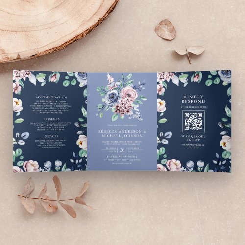 Dusty Periwinkle Pink Floral Navy QR Code Wedding Tri_Fold Invitation