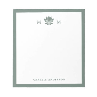 Dusty Pine Green Lotus Flower Monogram Notepad