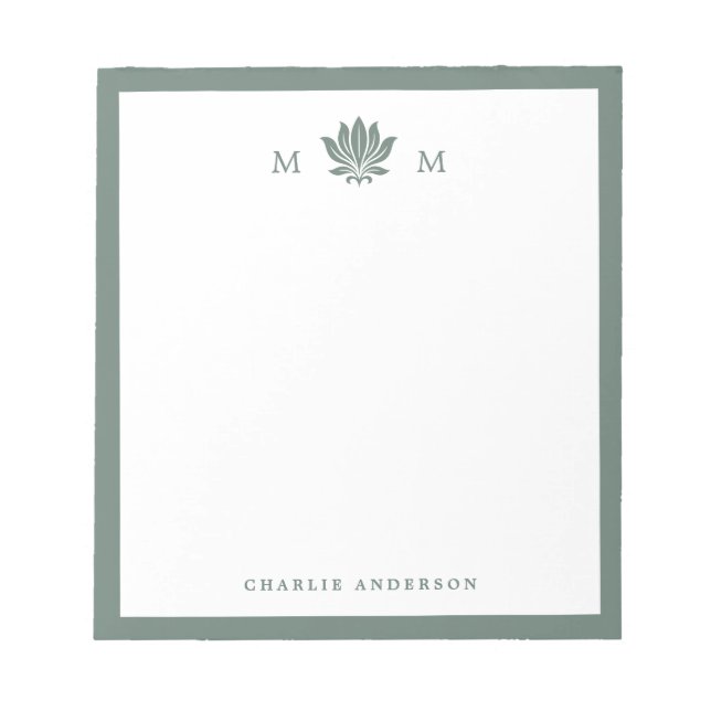 Dusty Pine Green Lotus Flower Monogram Notepad (Front)