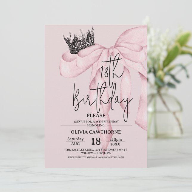 Dusty Pink 18th Birthday ⎮Pink Royal Bow Party Invitation (Standing Front)