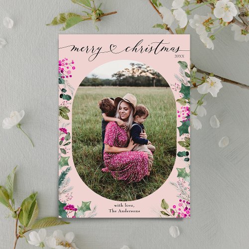 Dusty Pink 1 Photo Greenery Merry Christmas Card 