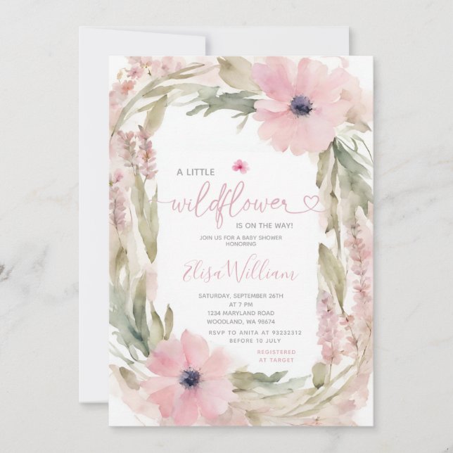 Dusty Pink A little Wildflowers Girl Baby Shower Invitation (Front)