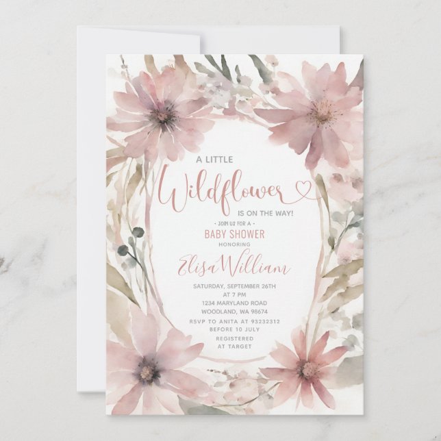 Dusty Pink A little Wildflowers Girl Baby Shower Invitation (Front)