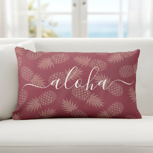 Dusty Pink Aloha Script Pineapple Pattern Modern Lumbar Pillow