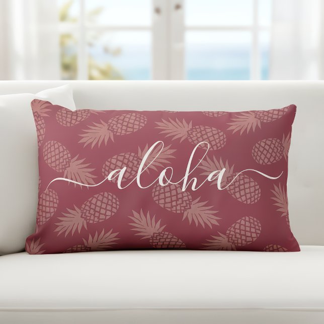 Dusty Pink Aloha Script Pineapple Pattern Modern Lumbar Pillow (Creator Uploaded)