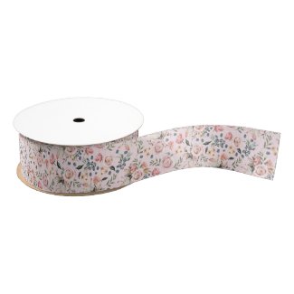 Dusty Pink and Blue Floral Gouache Print Ribbon