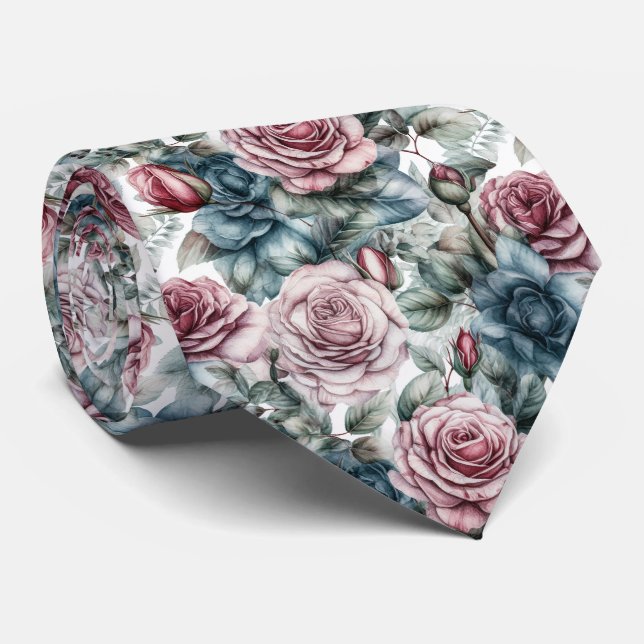 Dusty Pink and Blue Rose Pattern Neck Tie (Rolled)