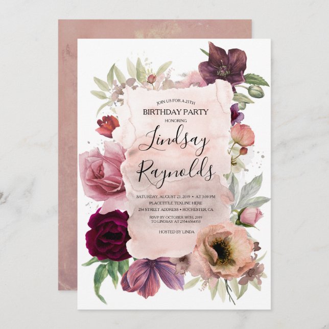 Dusty Pink and Burgundy Floral Birthday Party Invitation (Front/Back)