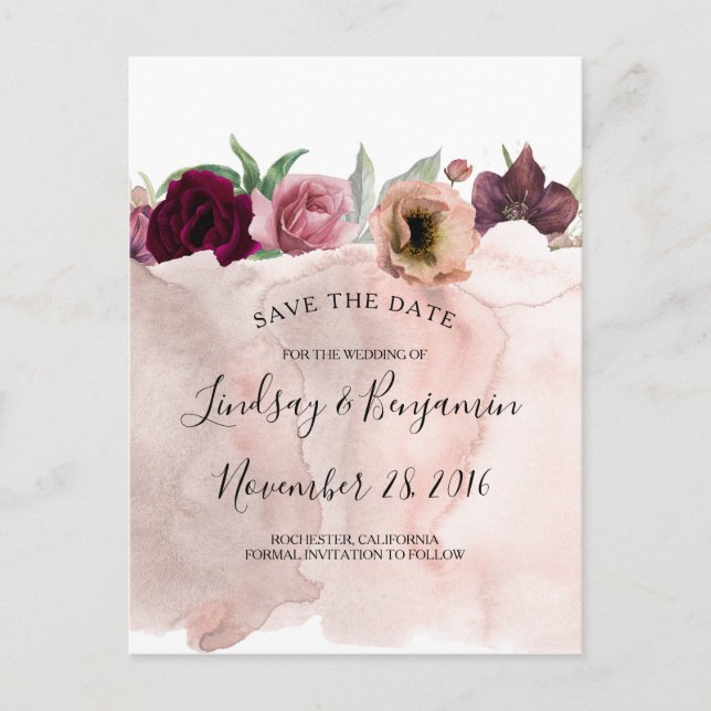 Dusty Pink and Burgundy Red Floral Save the Date Announcement Postcard (Front)
