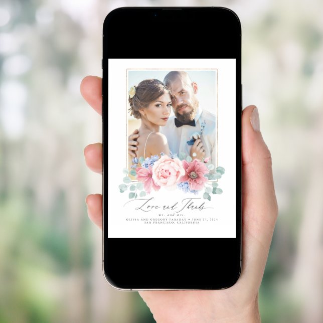 Dusty Pink and Dusty Blue Floral Wedding Thank You Invitation (Front Digital)