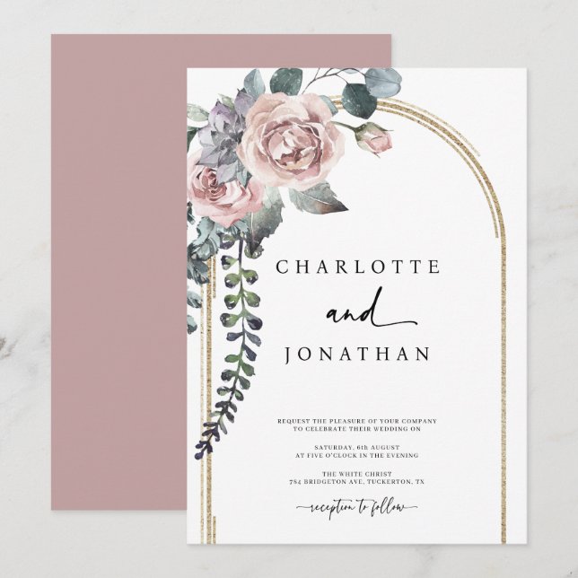 Dusty Pink and Gold Arch Wedding Invitation (Front/Back)