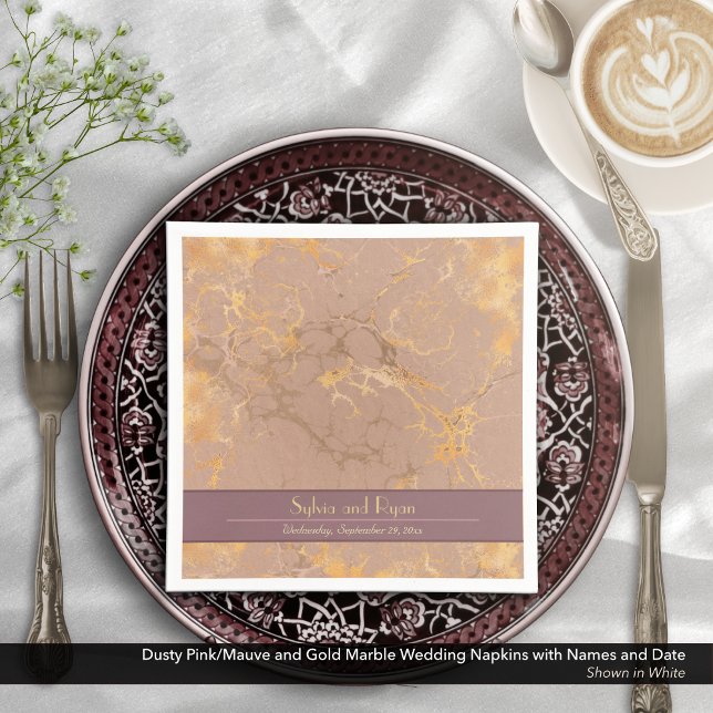 Dusty Pink and Gold Marble Wedding  Napkins (Dusty Pink/Mauve and Gold Marble Pattern Napkins with Bride and Groom's Names and Wedding Date)