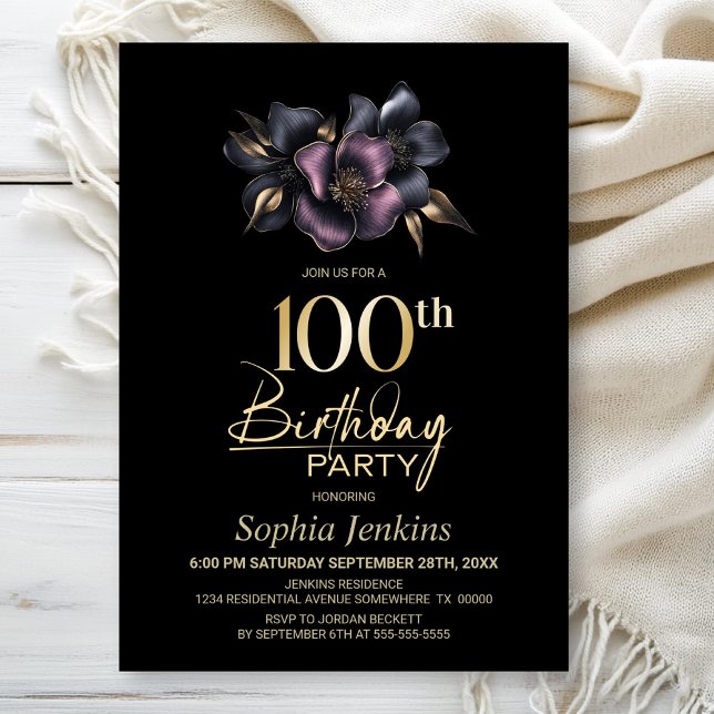 Dusty Pink and Grey Floral 100th Birthday Party Invitation (Creator Uploaded)