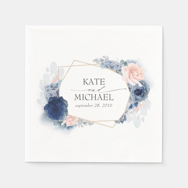 Dusty Pink and Navy Blue Floral Wedding Napkins (Front)