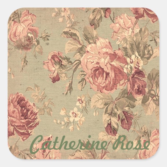 Dusty Pink and Sage Green Roses Personalized Square Sticker (Front)