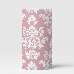 Dusty Pink and White Vintage Damask Pillar Candle