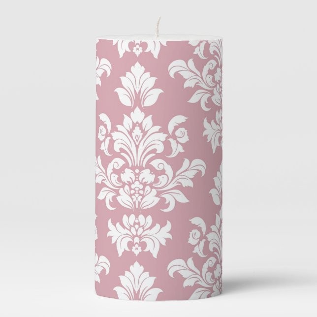 Dusty Pink and White Vintage Damask  Pillar Candle (Front)