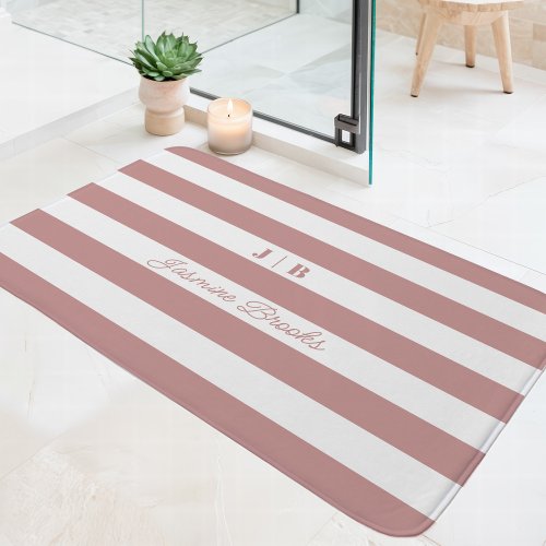 Dusty Pink And White Wide Stripes Monogram Name Bath Mat