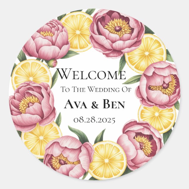Dusty Pink and Yellow Lemon Slice Wedding Classic Round Sticker (Front)