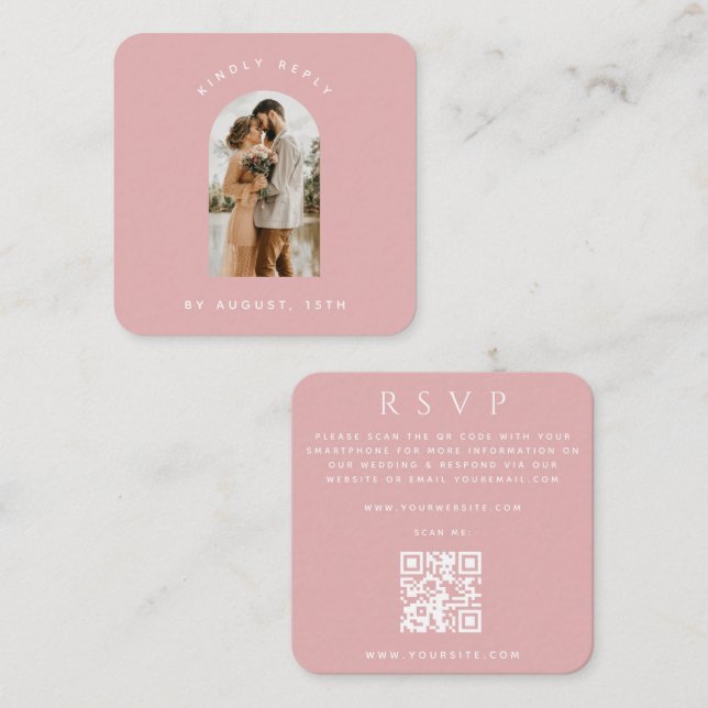 Dusty Pink Arch Photo QR Code Online Wedding RSVP Enclosure Card (Front/Back)