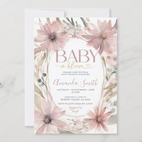 Dusty Pink Baby in Bloom Flowers Girl Baby Shower Invitation