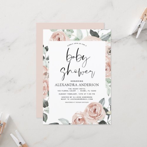 Dusty Pink Baby Shower Eucalyptus Floral Invitation