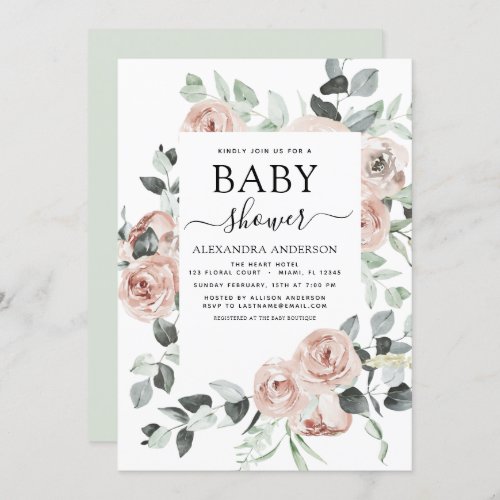 Dusty Pink Baby Shower Floral Greenery Invitation