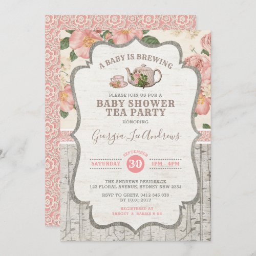 Dusty Pink Baby Shower Tea Party Vintage Floral Invitation