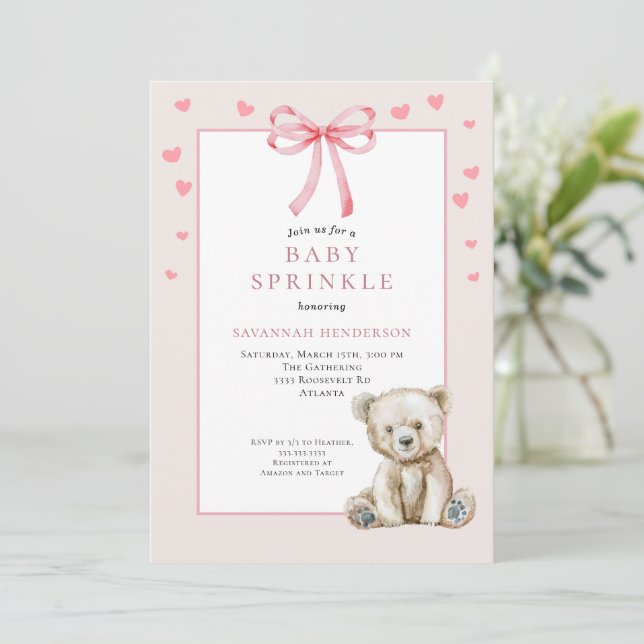 Dusty Pink Baby Sprinkle with Bow Cute Teddy Bear Invitation (Standing Front)