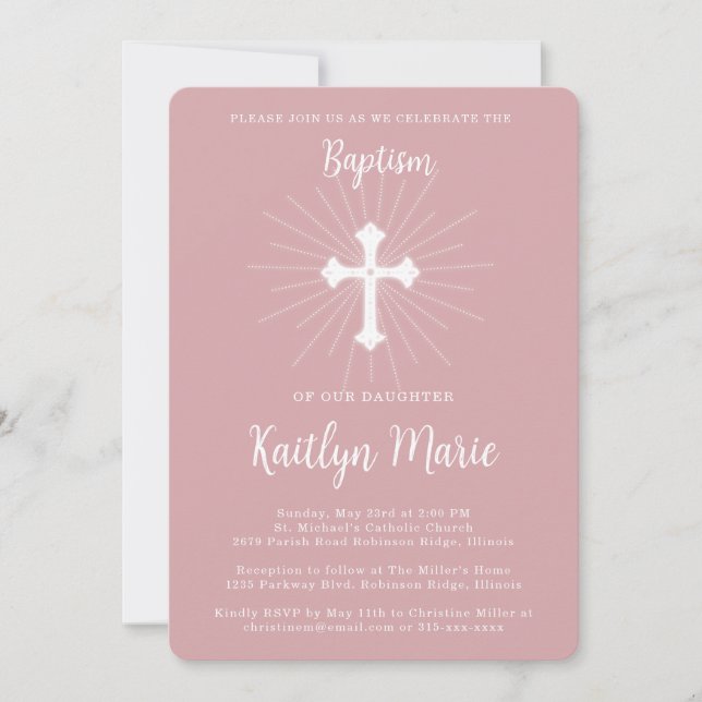 Dusty Pink Baptism for Daughter with Cross Invitation (Front)
