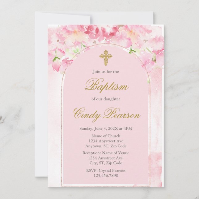 Dusty pink Baptism Girl invitation  (Front)