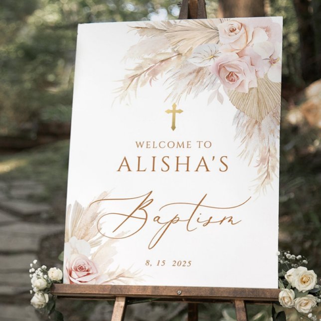 Dusty Pink baptism welcome Sign Template gold cros (Creator Uploaded)