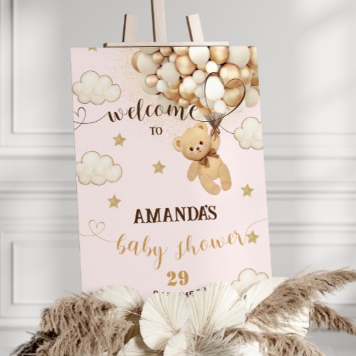 Dusty Pink Bear Gold Balloons Baby Shower Poster