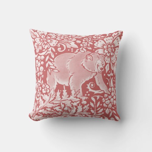 Dusty Pink Bear Woodland Animal Floral Forest Throw Pillow