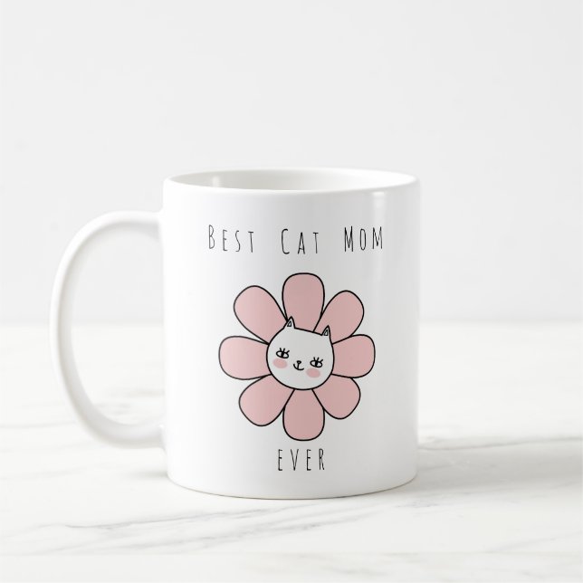 Dusty Pink Best Cat Mom Ever. Daisy Cat Coffee Mug (Left)