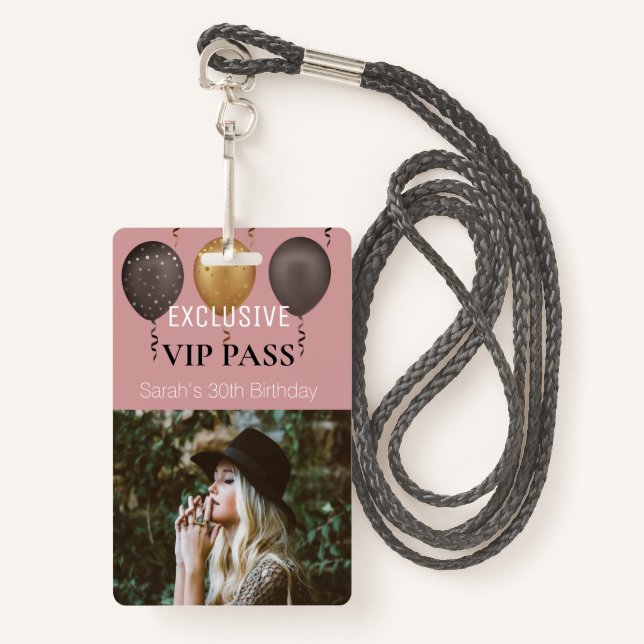 Dusty Pink Birthday Party Photo Custom Pass VIP Badge (Front with Lanyard)