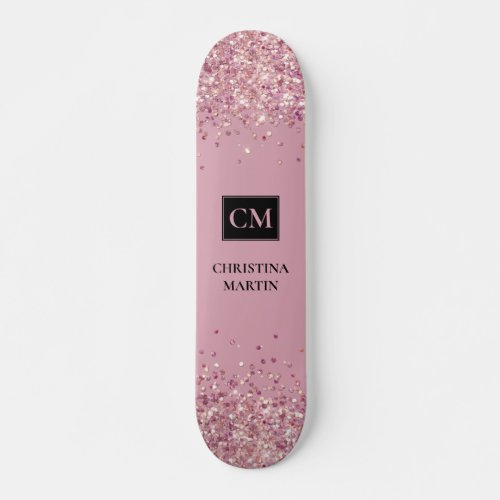 Dusty Pink Black Monogram Sparkly Glitter Skateboard