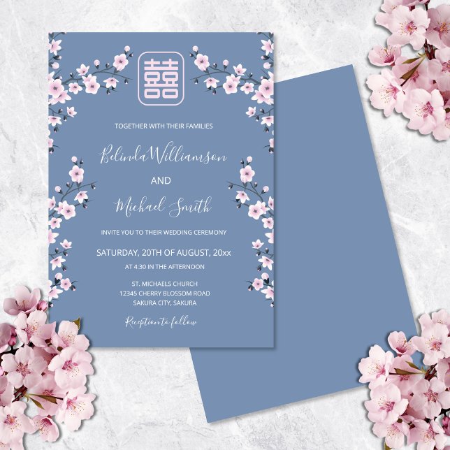 Dusty Pink Blossom Blue | Chinese Wedding Invitation (Creator Uploaded)