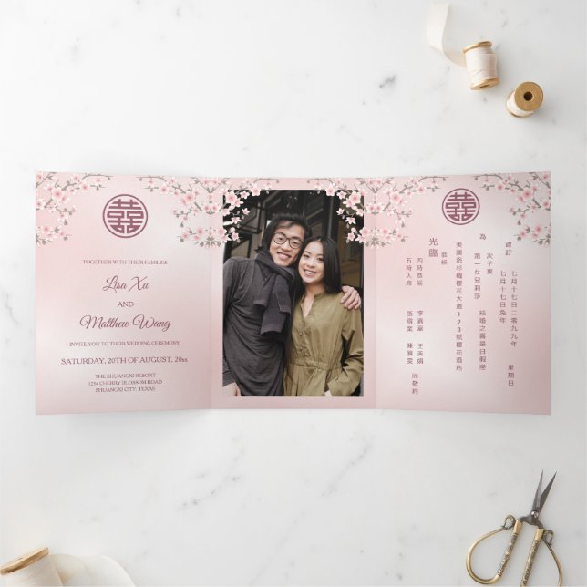  Dusty Pink Blossoms | Photo Chinese Wedding  Tri-Fold Invitation (Inside)