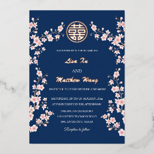 Dusty Pink Blue Cherry Blossom Chinese Wedding Foil Invitation