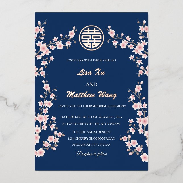  Dusty Pink Blue Cherry Blossom Chinese Wedding Foil Invitation (Front)