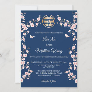 Dusty Pink Blue Cherry Blossom Chinese Wedding Invitation