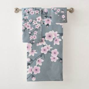 Dusty Pink Blue Cherry Blossom Floral Bath Towel Set