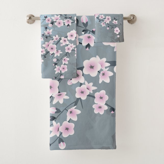 Dusty Pink Blue Cherry Blossom Floral Bath Towel Set (Insitu)