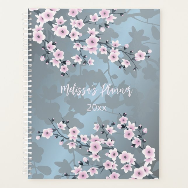 Dusty Pink Blue Cherry Blossom Name Year Planner (Front)