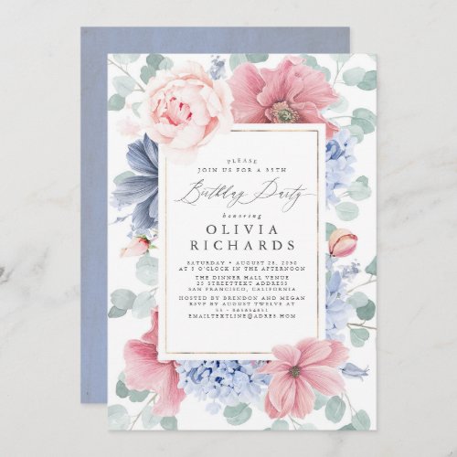 Dusty Pink Blue Floral Botanical Elegant Birthday Invitation